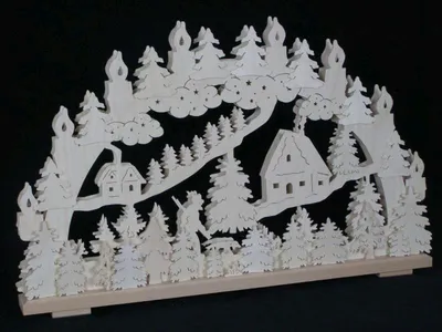 Produktbild von Schwibbogen mit Jäger und Haus im Wald und Beleuchtung BxHxT 70x44x7cm NEU