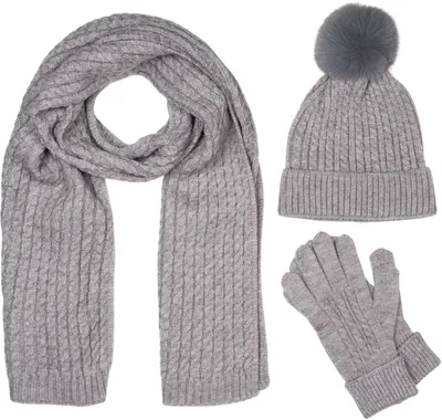 Produktbild von styleBREAKER Damen Set 3-Teilig aus Schal, Bommelmütze und Handschuhe, Zopfmuster Strickschal Warm Winter Einfarbig 01018270