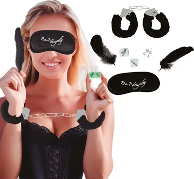 Produktbild von Junggesellenabschied Spielset Schwarze Augenbinde Handschellen Würfel Flauschige Handlesen Für Erwachsene, Farbe: Schwarz
