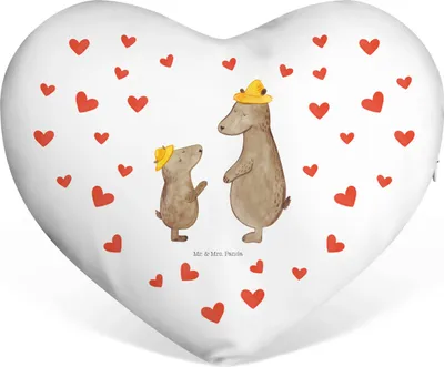 Produktbild von Mr. & Mrs. Panda Sofakissen Bären mit Hut - Weiß - Geschenk, Herzförmiges Kissen, Familie, Bär, Vatertag, Herzkissen, Dekokissen, Kuschelkissen, Muttertag, dekoartikel