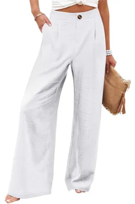 Produktbild von ASKSA Damen Weite Bein Hose Hohe Taille Leichte Sommerhose Palazzo Baggy Casual Freizeithose mit Taschen Weiss XXL