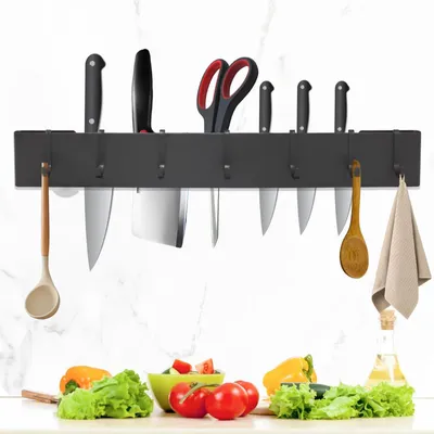 Messerhalter 40 cm, schwarz, mit 7 Haken, selbstklebend, aus Edelstahl