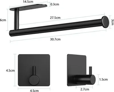 Immagine prodotto di Portarotolo da cucina in acciaio con 2 ganci, da parete e da montare sotto il piano di lavoro (nero)