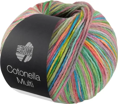 A ball of multi-colored yarn with a label.