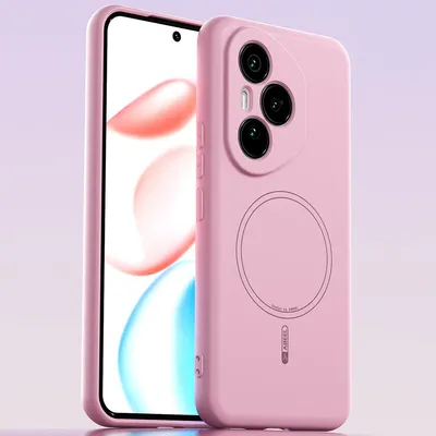 A pink phone case is shown on a light purple background.