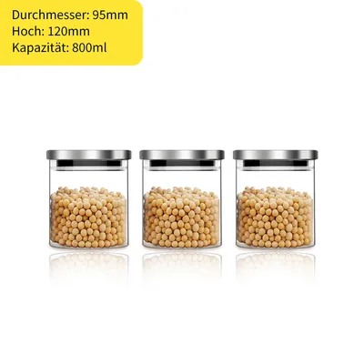 Produktbild von 7MAGIC Vorratsgläser, Glas mit Edelstahldeckel, 3 Stück, 800 ml, Ø 9,5 cm, luftdicht, transparent/silber, modernes Design, kühl- und spülmaschinenfest, weite Öffnung, 100% recycelbar