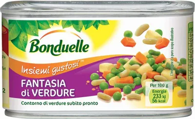 Produktbild von 3x Bonduelle Fantasia di Verdure contorno di verdure subito pronto Gemüsebeilage gemischtes Gemüse Fertiggericht Aluminiumbox 400g