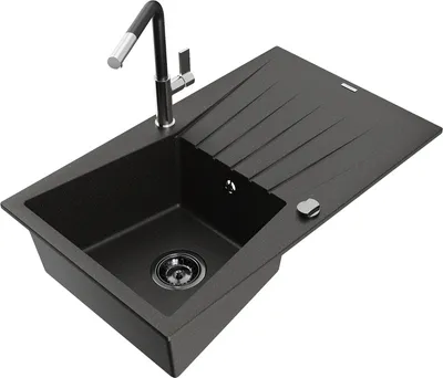 Produktbild von Mexen Cesar 1 Becken-Granitspüle mit Abtropffläche und Mischbatterie Flora, Schwarz/Gold metallisch - 6514-75-670401-07-B
