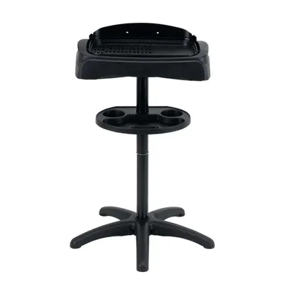 A black electric grill stand with a tray and cup holders, shown against a white background.