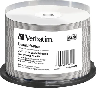 Produktbild von Verbatim DVD-R 4.7GB 16x bedruckbar wasserfest - 50 Stück - DataLifePlus