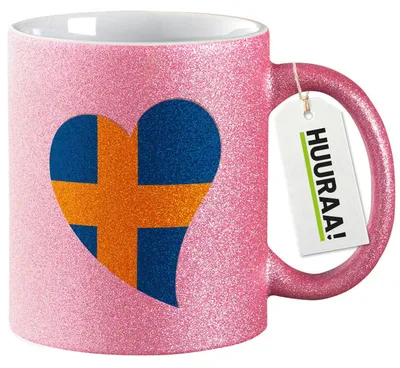 Produktbild von Huuraa Glitzertasse Schweden Flagge Herz 330ml Pink Keramik Kaffeebecher Geschenkidee
