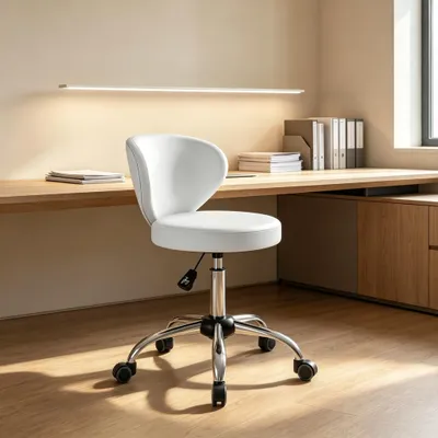 Produktbild von Rollhocker h?henverstellbar 73 bis 88 cm mit wei?er Rš¹ckenlehne, fš¹r Kš¹che und Bš¹ro