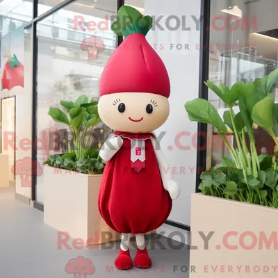 Image de Personnage mascotte REDBROKOLY d un radis rouge habillé d une robe droite et de bandeaux