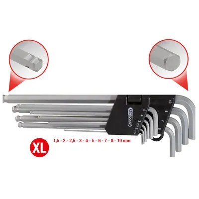 Produktbild von KS Tools Winkelstiftschlüssel-Satz 151.3200 10-teilig, Lange Ausführung, mit Kugelkopf, schwer zugängliche Stellen, matt verchromt