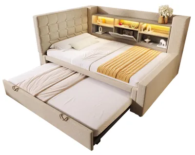 Produktbild von Polsterbett 90 x 200 cm, Beige, Leinen, ohne Matratze, mit Ausziehbett und LED