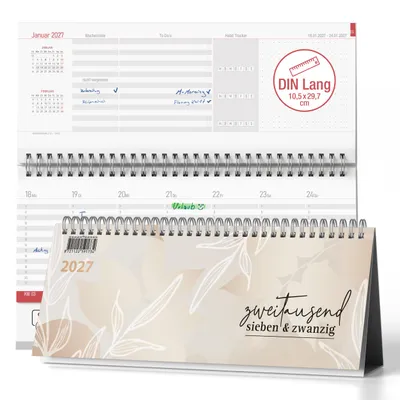 Produktbild von Tischkalender 2027 Beige Bloom Quer Aesthetic - Aufstellkalender Wochenplaner mit Habit Tracker,