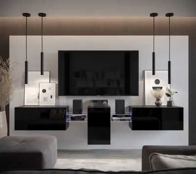Obrázek produktu pro Furnitech Obývací stěna - Nábytek do obývacího pokoje s LED Bílá - Závěsná skříňka moderní - Obývací stěna s policemi a TV skříňkou (AN98-21B-HG1-1C)