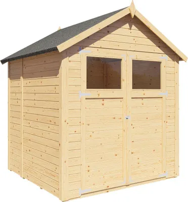 Produktbild von WOODTEX Naturbelassen 180 x 174 cm Gartenhaus Sylta 2, 14 mm Wandstärke Fichtenholz, Satteldach Mit Fußboden, Elementbauweise, Gerätehaus Und Fahrradunterstand