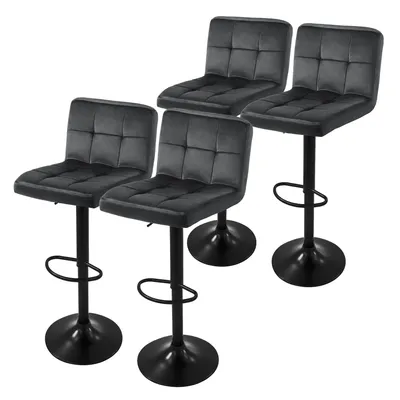 A set of four black bar stools with adjustable height and footrests, displayed against a white background.
