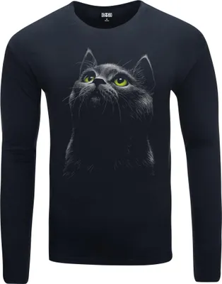 Produktbild von Herren Warm, Langarm-T-Shirt mit Druck Schwarze Katze Dunkelblau Gr.XXL