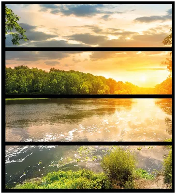 Produktbild von Wallario Möbelfolie / Aufkleber, geeignet für Ikea Malm Kommode mit 4 Schubfächern - Sonnenuntergang am Fluss in grüner Umgebung