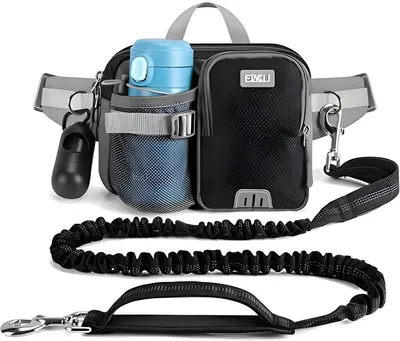 Produktbild von PolkaHome® Freihändige Hundeleine mit Bauchgurt – elastisch, reflektierend, 124–180 cm, für Hunde 30–80 kg, Blau/Schwarz