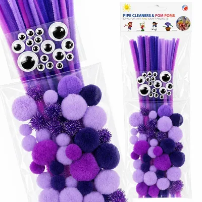 Produktbild von Kreativset Pfeifenreiniger Pompons Wackelaugen Bastelset DIY Set Lila 82 Teilig