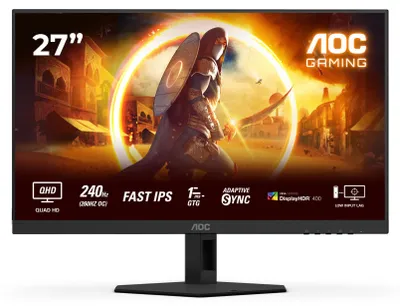 Zdjęcie produktu dla AOC Q27G4ZR, 27" Fast IPS WLED, 2560x1440@240Hz (OC 260Hz), 1ms GtG, 0.3ms MPRT, 400cd/m², 1000:1, 80M:1 DCR, Synchronizacja adaptacyjna, FlickerFree, 2Wx2, Pochylenie, Regulacja wysokości, Obracanie, Obracanie, 2xHDMI, DP