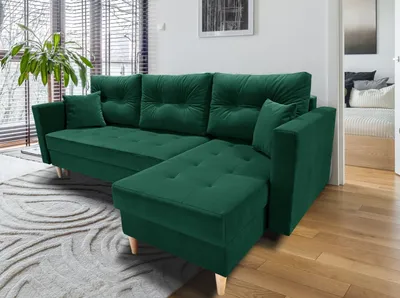 Obrázek produktu pro MTJMöbel Rohová sedací souprava SKANDI 222x140 - UNIVERSAL - s funkcí spaní - 2 zásuvky na lůžko - Rozkládací pohovka - Sametová látka lahvově zelená - MATT VELVET 27217