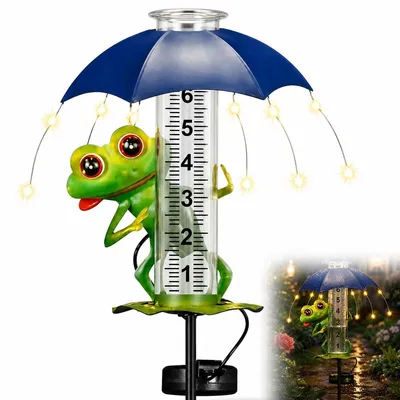 Produktbild von Solar Regenmesser Garten, Frosch Gartendeko mit LED Nachtlicht, abnehmbarer Messbecher, wetterfest, Niederschlagsmesser für Garten, Balkon & Terrasse