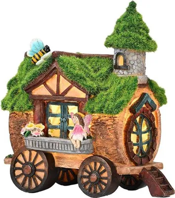 Produktbild von Außenliegende, vierwheeleig Gartenfiguren, Feeenhäuschen für den Garten, Solarlamp mit abgedecktem Dach, wasserdichtes Harz für Feeenhäuschen, Gartendekoration für Feeenhäuschen.