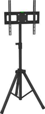 A black TV stand with a mount for a television.