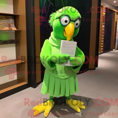 Produktbild von Hellgrüner REDBROKOLY Papagei Maskottchen Kostüm Charakter gekleidet mit einem Wickelrock und Lesebrille