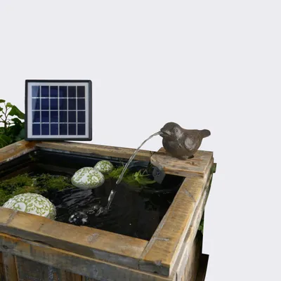 Produktbild von Wasserspeier Spatz aus Gusseisen inkl. Solar-Pumpe & Schlauch – Komplettset für Teich, Miniteich - Balkon – Antik-Braun – 170 l/h