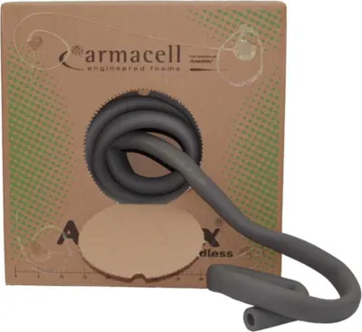 A cardboard box with a circular cutout revealing a coiled gray tube of insulation. The tube is partially pulled out of the box.