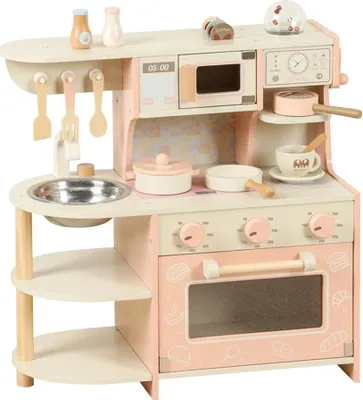Image de Set de jeu en bois sur le thème du café pour enfants - Set de jeu pour la cuisine - Aliments et accessoires de jeu - Jeu de rôle - Âge : 3 à 6 ans - Sans pile - Rose