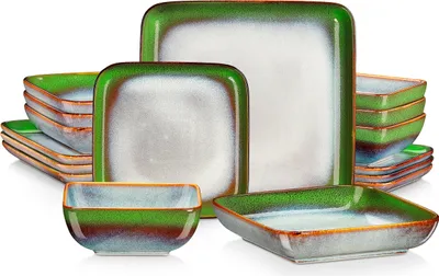 A set of square ceramic dishes with a gradient green, white, and brown glaze.