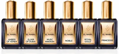 Zdjęcie produktu dla El Nabil – zestaw 6 ekstraktów perfum – Princess / Royal Gold / Noble / Makkah / Elixir of Dubai / Amber of Yemen