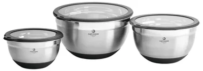 Produktbild von Chef Cuisine Edelstahl Schüssel 3er Set, mit Glasdeckeln und Silikon-Fuß