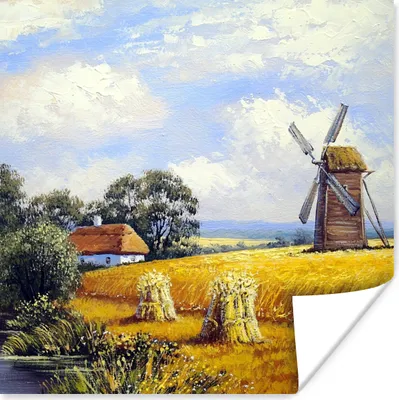 Produktbild von MuchoWow® Poster Gemälde - Bauernhof - Mühle - Ölfarbe 50x50 cm - Wohnzimmerdekoration
