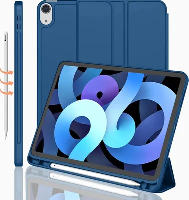 Produktbild von Schlanke Hülle für iPad Air 4. Generation Hülle 2020, iPad 10,9 Zoll Hülle 2020 mit Stifthalter [Unterstützung Touch ID und iPad 2. Bleistift aufladen / paarweise], Trifold Stand Smart Hülle mit weichem TPU-Rücken (Marine)