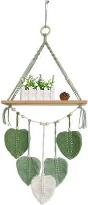 Produktbild von Wandregal aus Makramee, schwebendes Boho-Wandregal mit gewebten Blättern, schwebendes Holzregal für Schlafzimmer, Wohnzimmer, Wohnzimmer, Dekoration