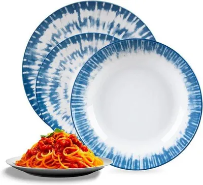 Image de Service de vaisselle en porcelaine Famanu, avec des rayures bleues - Ensemble de 18 pièces pour 6 personnes