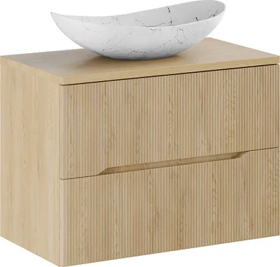 Produktbild von Waschtisch mit 80 cm Breite in Eiche, mit 2 Schubladen, Rillenoptik und Aufsatzwaschbecken - NARPIO-56