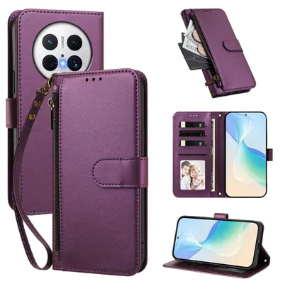 Produktbild von Geldbörse Hülle für Huawei Mate 70, Kunstleder Handyhülle mit Kartenfächer, Ständer, Handschlaufe Lila