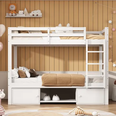 Produktbild von Etagenbett mit 2 Liegeflächen, Rausfallschutz und Schuhregal, 90x200 cm, umbaufähig zu 2 Einzelbetten, Kinderbett, Kiefer