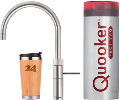 Immagine prodotto di "Rubinetto QUOOKER FUSION Round VAQ PRO3 in acciaio inox & 100°C (3FRRVS)" (a 2 colonne) miscelatore per lavello con funzione di acqua bollente a 100°C *Inclusa la tazza termica
