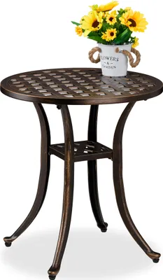 Produktbild von Relaxdays Gartentisch, antike Optik, wetterfest, Aluminiumguss, H x D: 53 x 49 cm, runder Balkontisch, schwarz/bronze