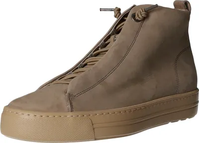A single beige high-top sneaker is shown against a white background.