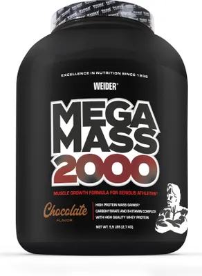 A black tub of Weider Mega Mass 2000 protein powder with chocolate flavor.